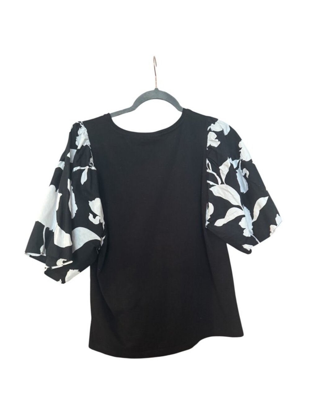 Chico's Black White Floral Puff Sleeve Top Women's Size 1 M Cotton Blouse
